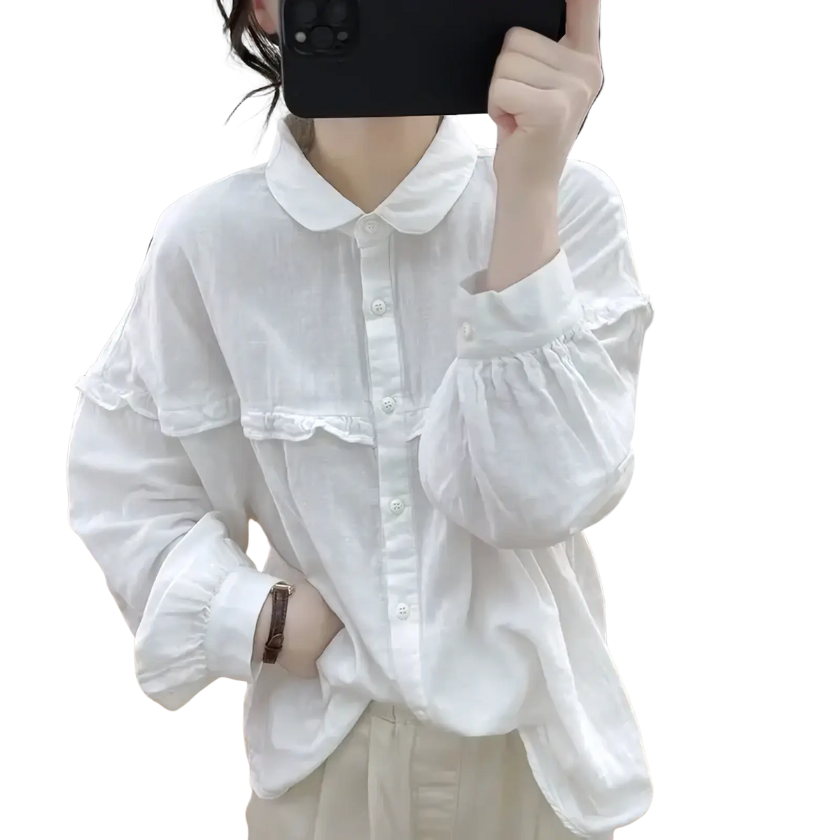 White ruffled cotton linen blouse for women with lightweight fabric featuring a ruffled collar and cuffs