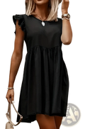 Black sleeveless denim dress with ruffled shoulder details and gathered waist for casual wear