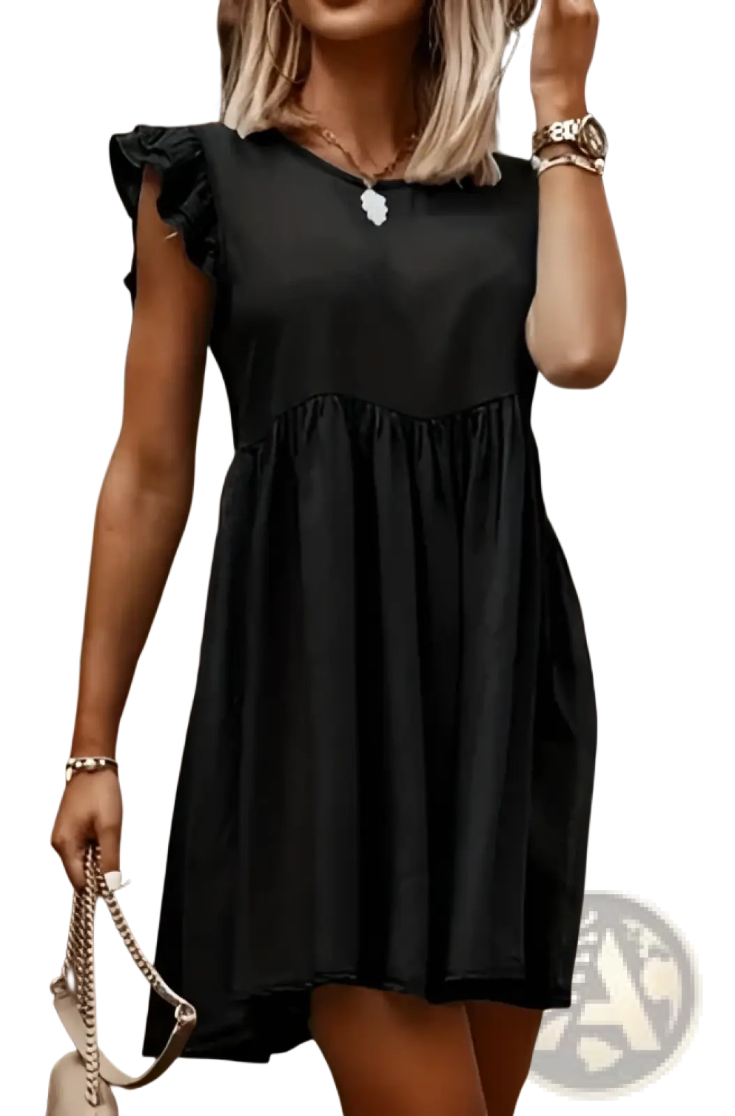 Black sleeveless denim dress with ruffled shoulder details and gathered waist for casual wear