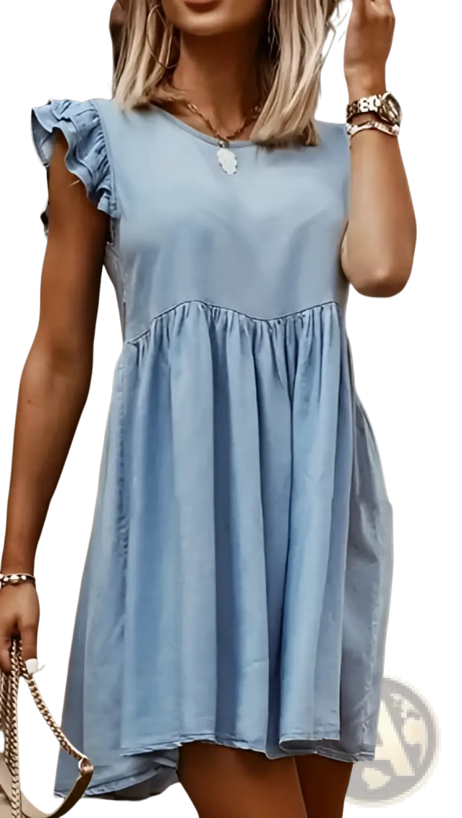 Light blue sleeveless denim dress with ruffled cap sleeves and gathered waist for stylish casual wear
