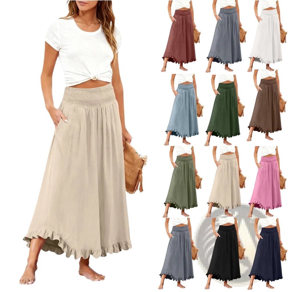 Beige flowy maxi skirt with elastic waistband and ruffled hem high waisted for elegant casual wear
