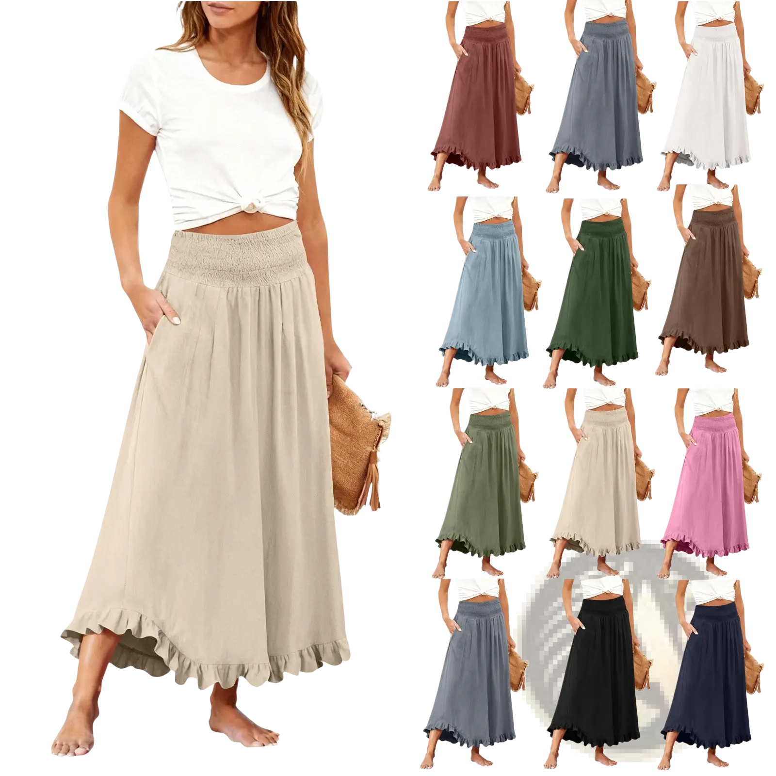 Beige flowy maxi skirt with elastic waistband and ruffled hem high waisted for elegant casual wear