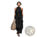 Black ruffled halter neck maxi dress with open back detail designed for resort wear in lightweight fabric