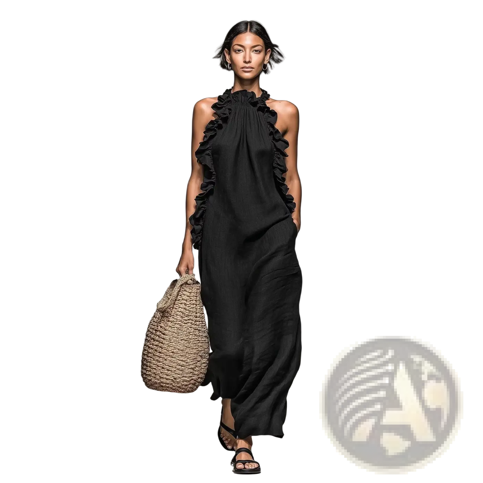 Black ruffled halter neck maxi dress with open back detail designed for resort wear in lightweight fabric