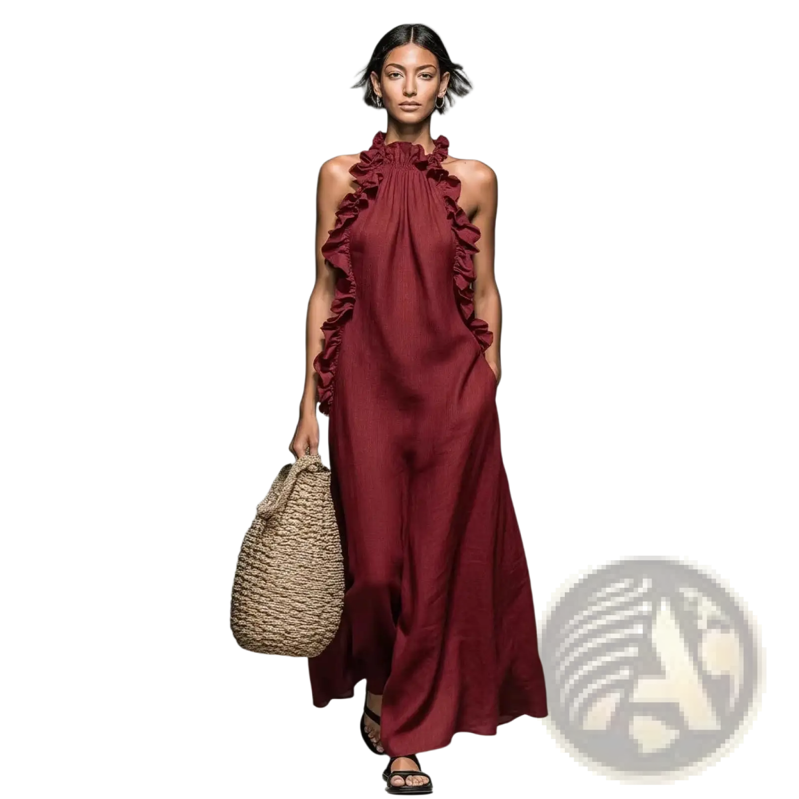 A flowing maroon ruffled halter neck open back maxi resort dress made of lightweight fabric