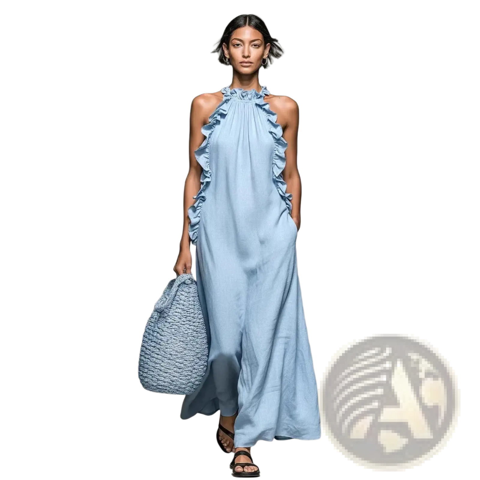 A flowing light blue sleeveless maxi resort dress with ruffled halter neckline and sides in lightweight fabric