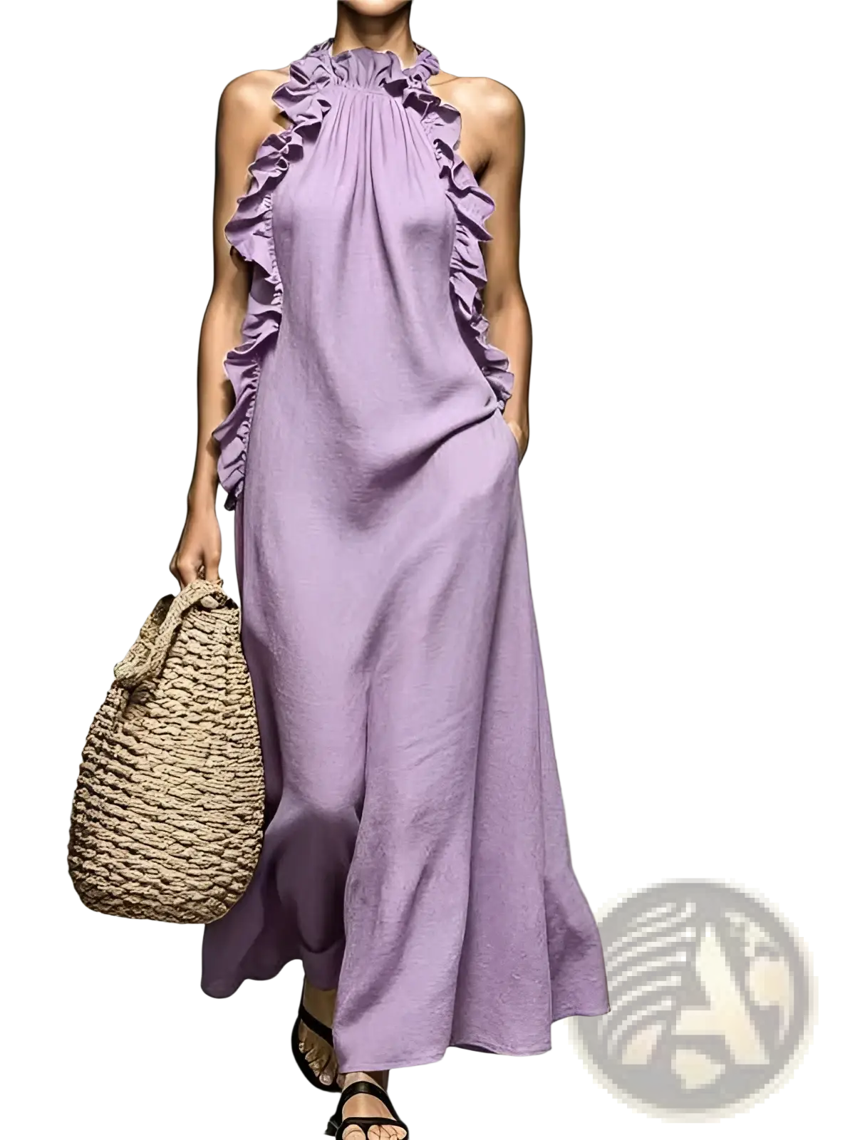 A flowing lavender halter neck open back maxi resort dress with ruffled detailing along the neckline and sides