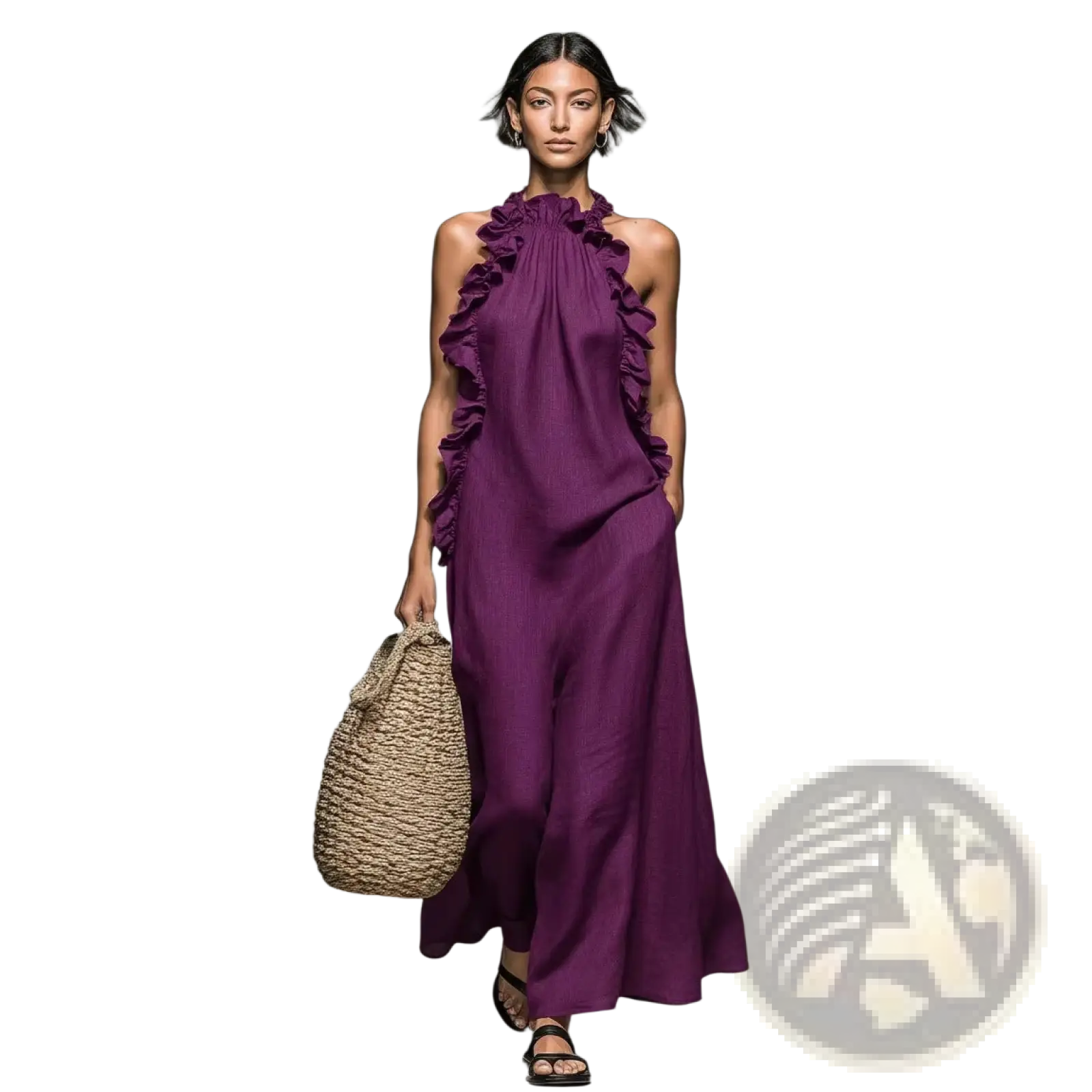 A flowing deep purple halter neck maxi resort dress with ruffled detailing along the neckline and sides