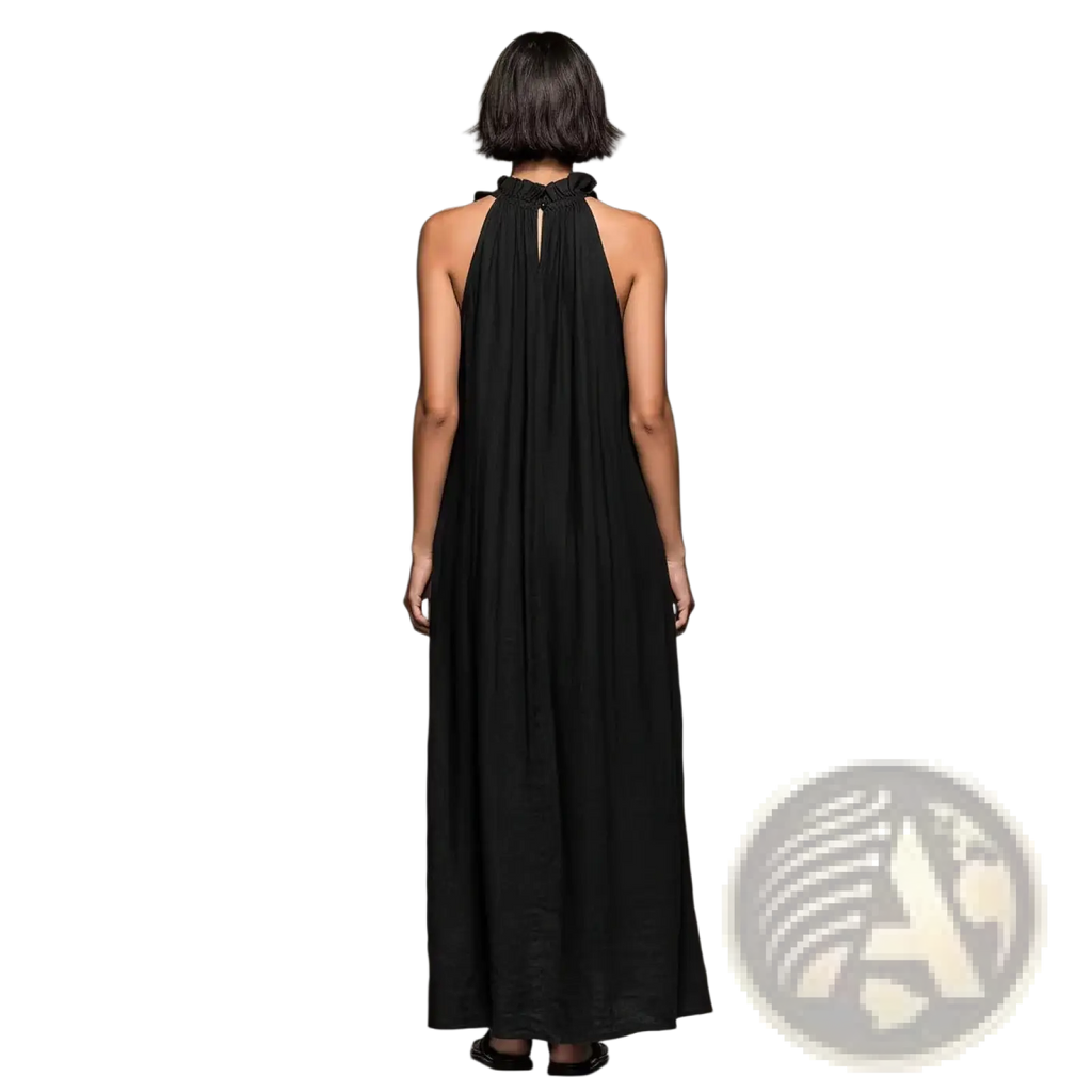 Black halter neck open back maxi resort dress with gathered back and tie detail at the neckline shown from the back