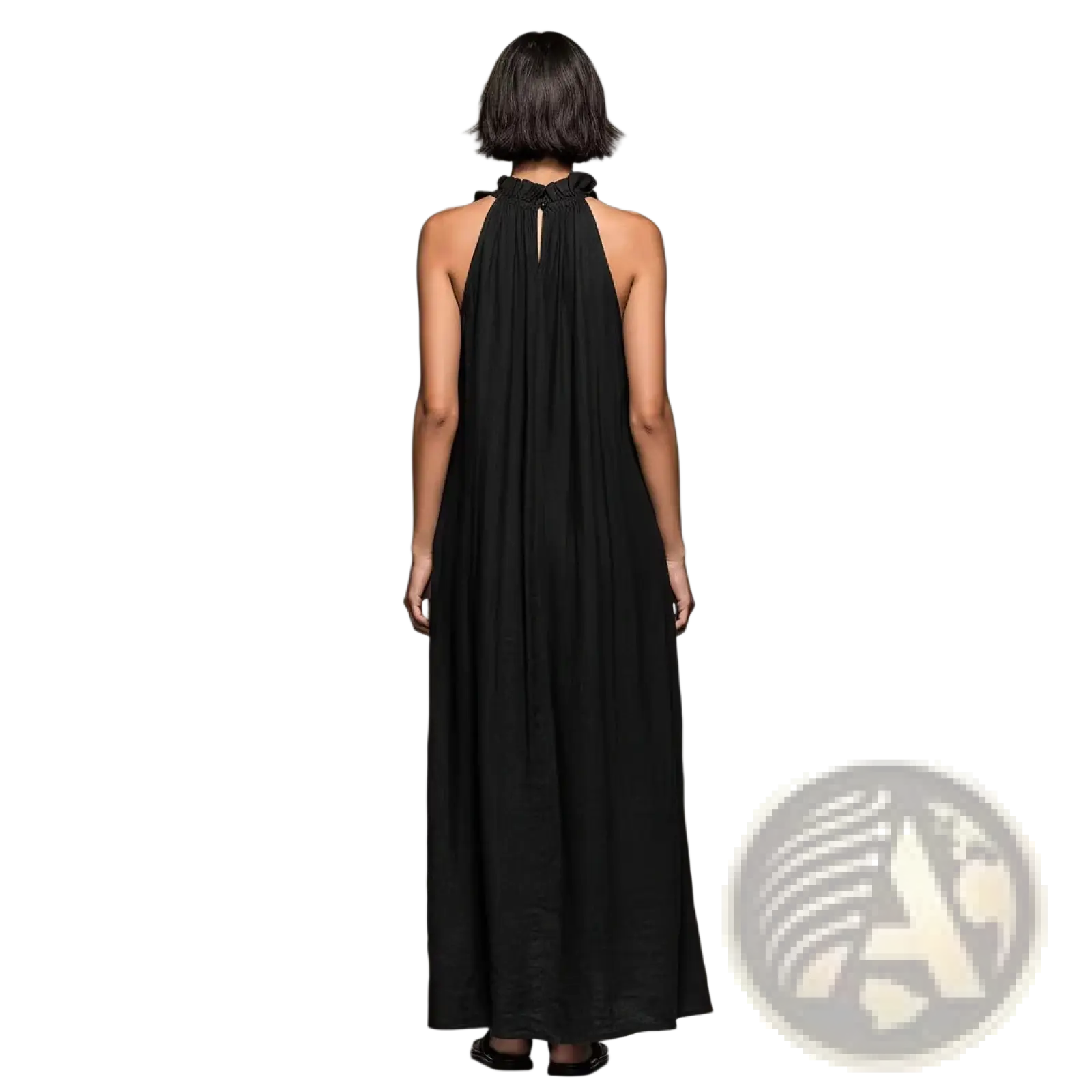 Black halter neck open back maxi resort dress with gathered back and tie detail at the neckline shown from the back