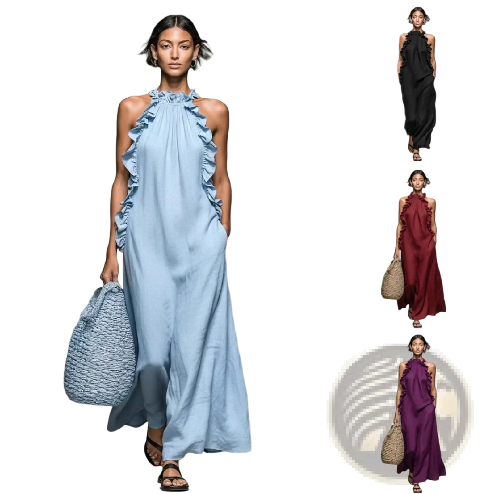 Light blue halter neck maxi resort dress with ruffled neckline and sides featuring an open back design