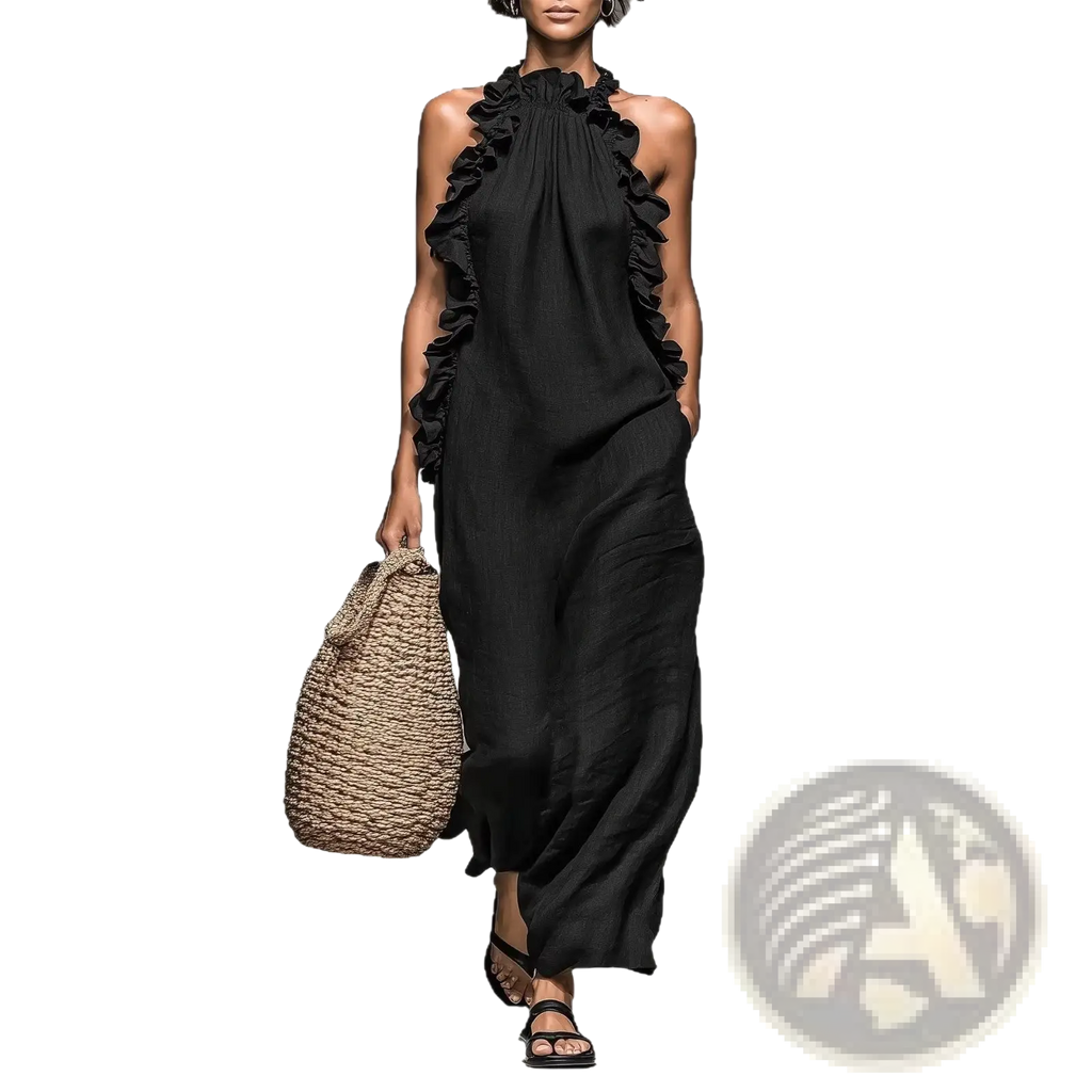 Black ruffled halter neck open back maxi resort dress made of lightweight flowing fabric for elegant occasions