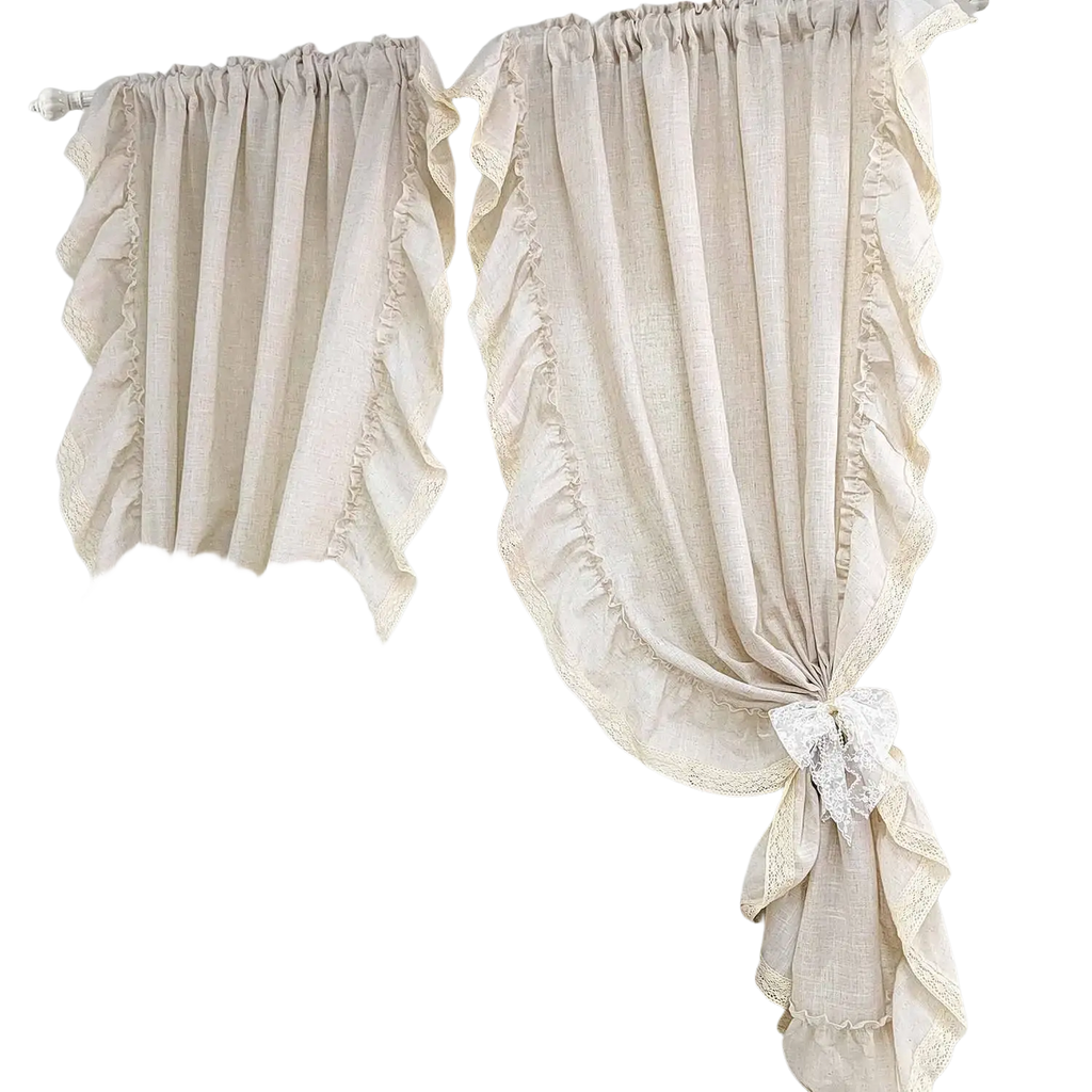 Beige ruffled linen curtains with lace trim and decorative bows for living room accept customization and tracking number