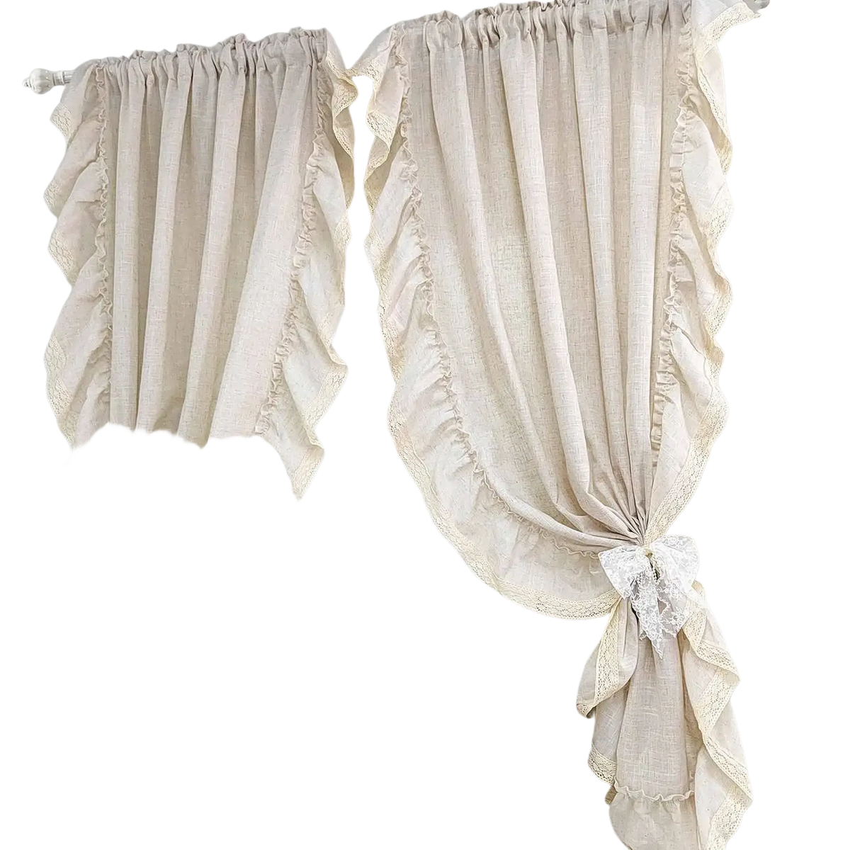 Beige ruffled linen curtains with lace trim and decorative bows for living room accept customization and tracking number