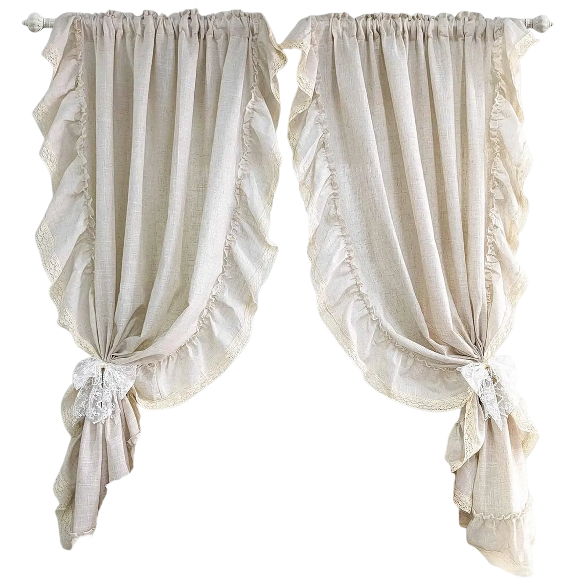 Beige ruffled linen curtains with lace trim and decorative bows for living room accept customization two pieces