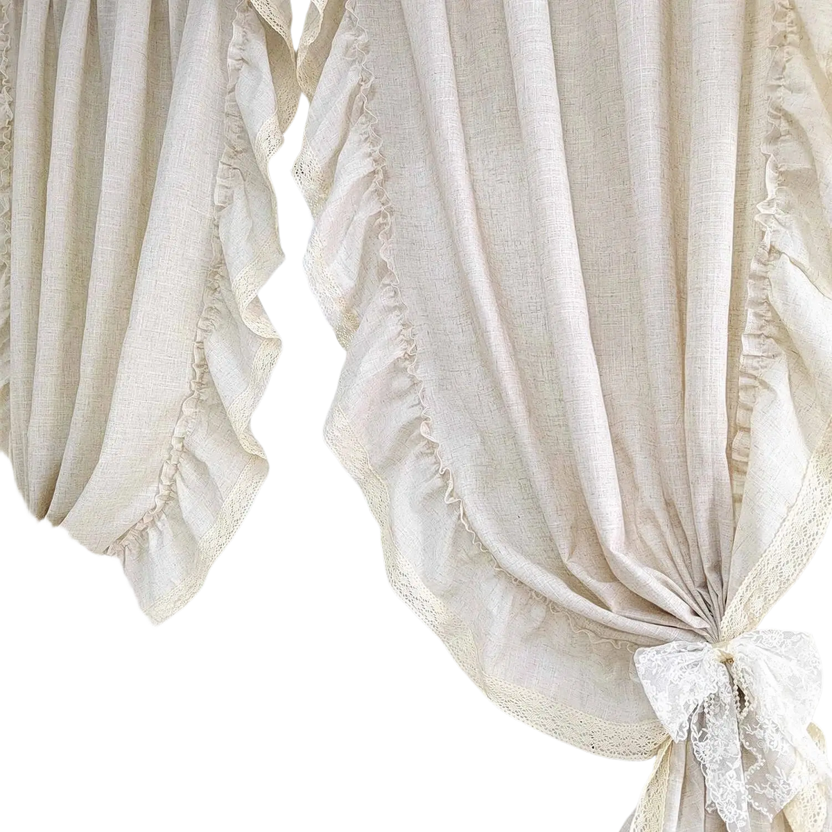 Beige ruffled linen curtains with lace trim and bows tied back in two pieces for living room accept customization