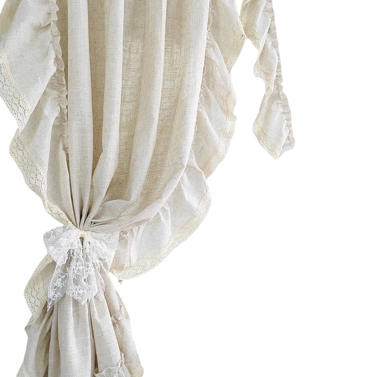Beige linen curtains with white lace trim and ruffled edges tied back with a lace bow for living room two pieces accept customization