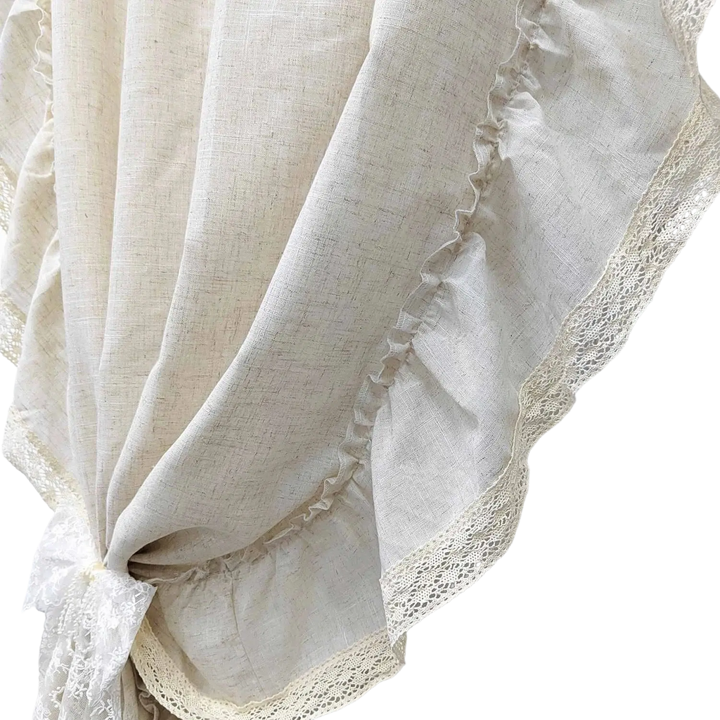 Beige linen ruffled curtains with delicate lace trim for living room in two pieces accept customization
