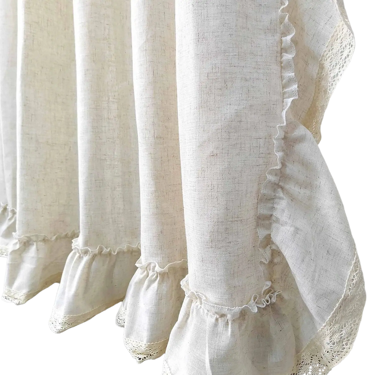 Cream-colored linen curtains with delicate lace trim and ruffled edges for living room accept customization two pieces