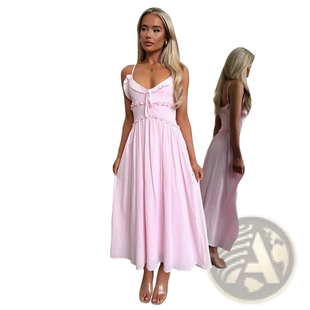 A flowing light pink sleeveless midi dress with delicate ruffled straps and a gathered waistline for vacation wear