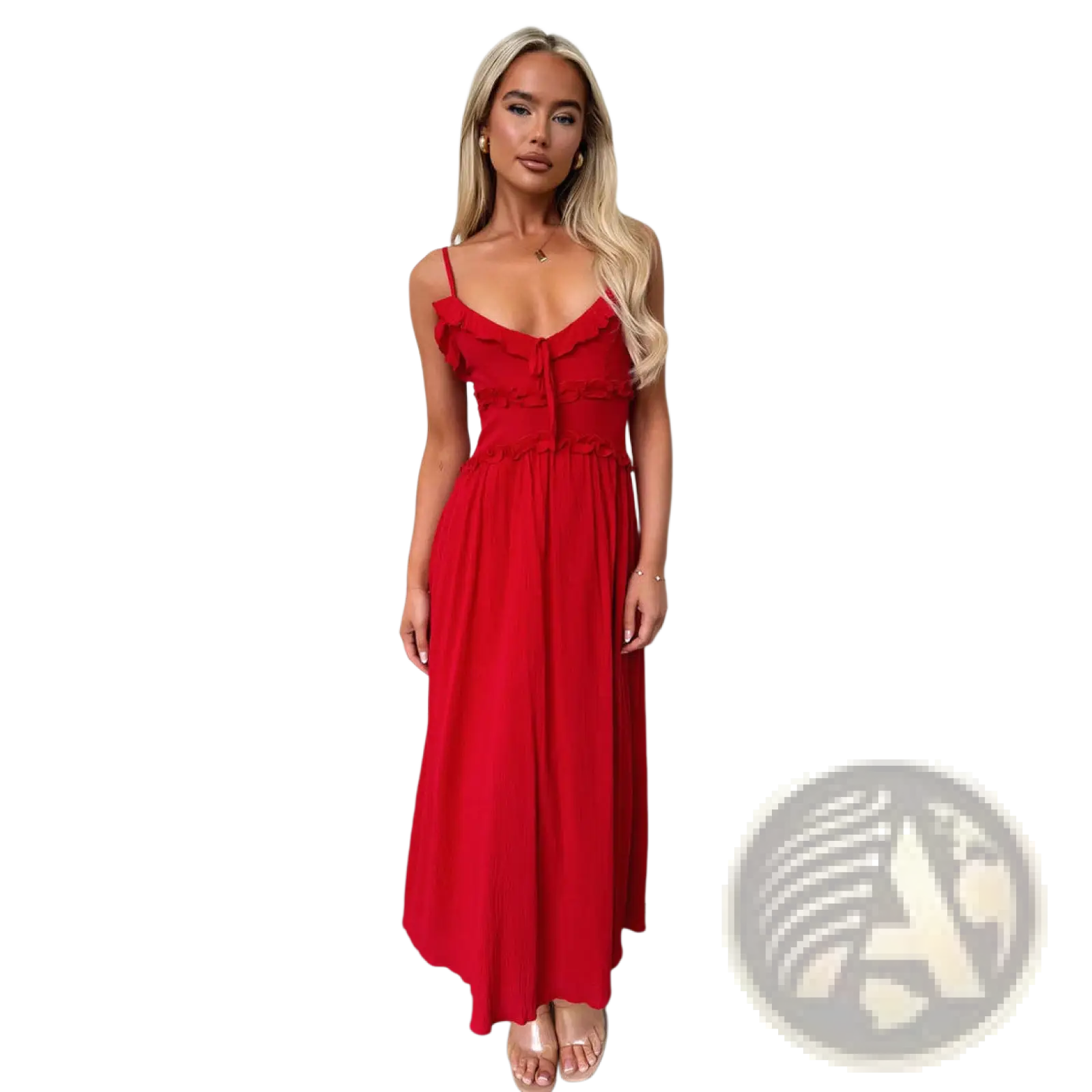 A vibrant red sleeveless flowing maxi vacation dress with delicate ruffled straps and a gathered waist
