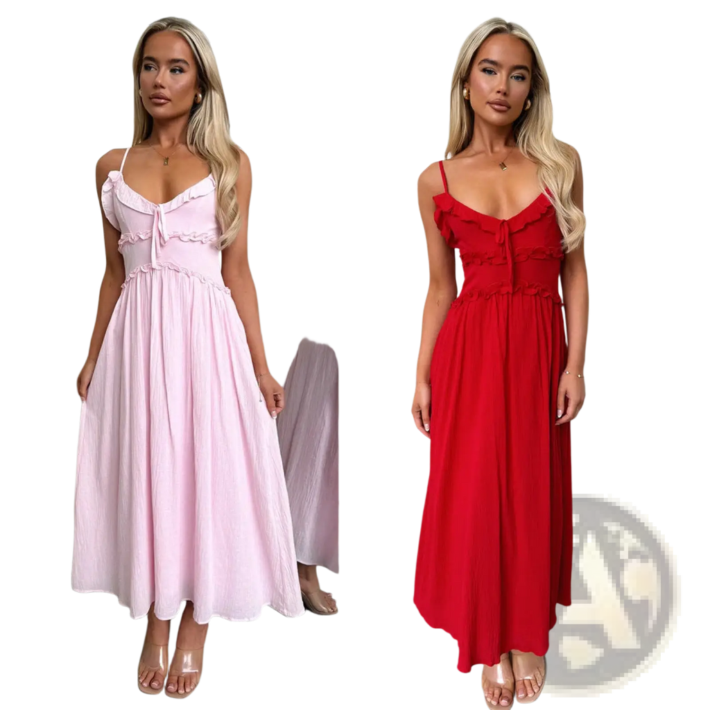 A flowing sleeveless maxi vacation dress in soft pink or vibrant red with ruffled neckline and tie-front detail