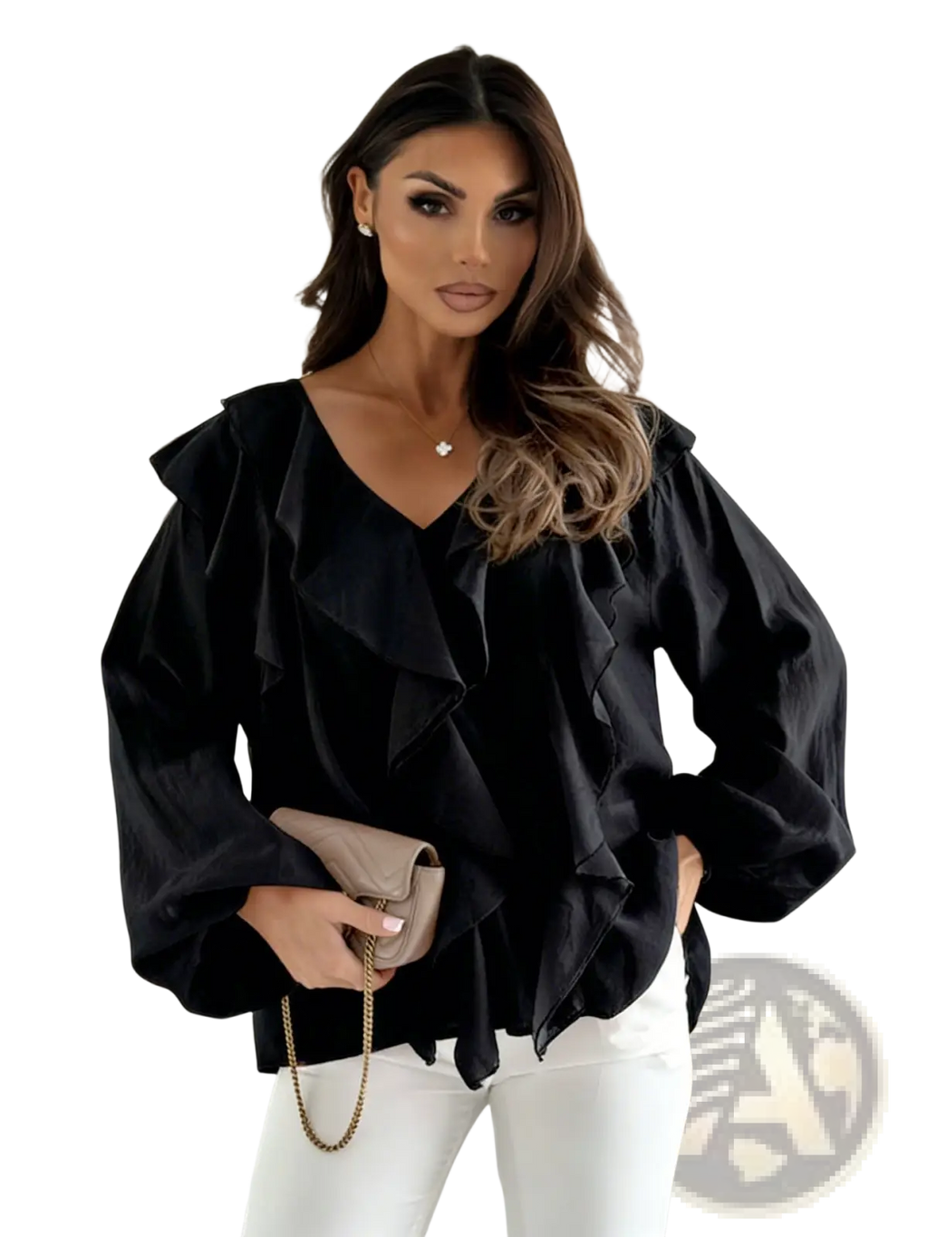 Black ruffled v-neck blouse with voluminous puff sleeves made of lightweight fabric for elegant occasions
