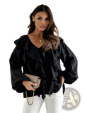 Black ruffled v-neck blouse with voluminous puff sleeves made of lightweight fabric for elegant occasions