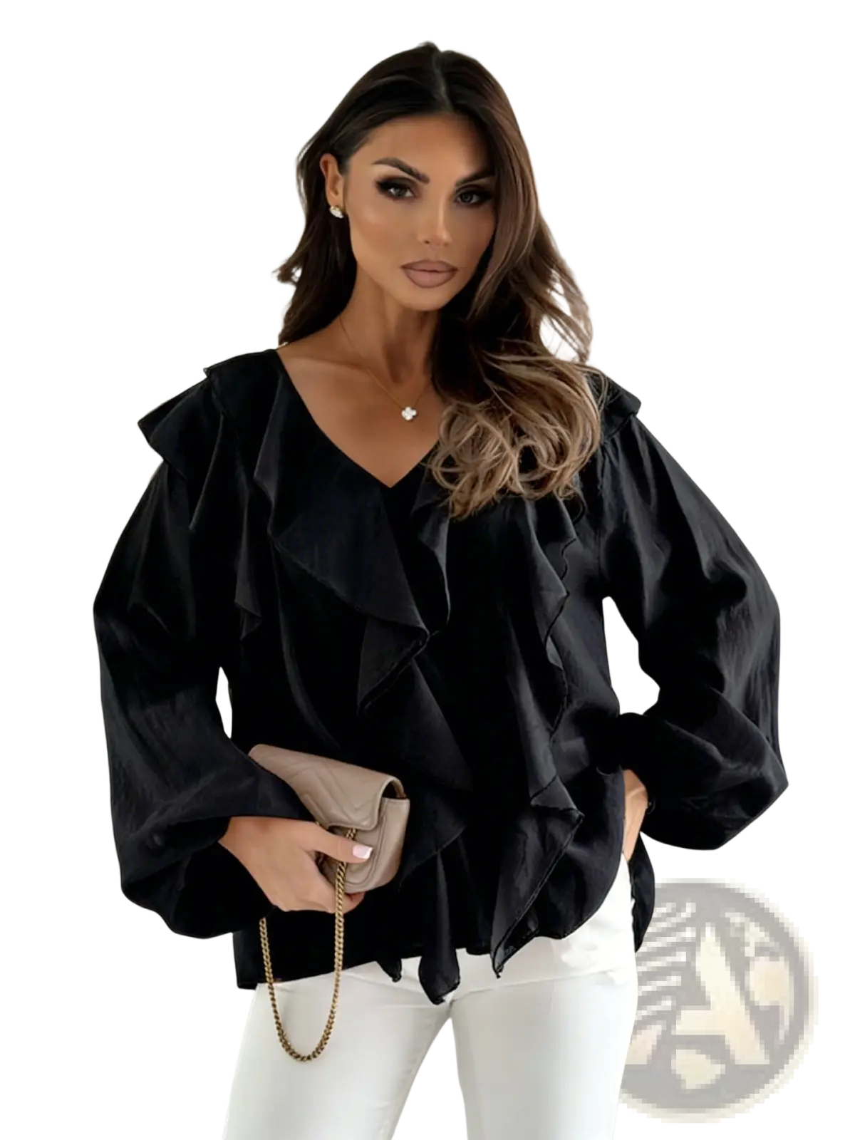 Black ruffled v-neck blouse with voluminous puff sleeves made of lightweight fabric for elegant occasions
