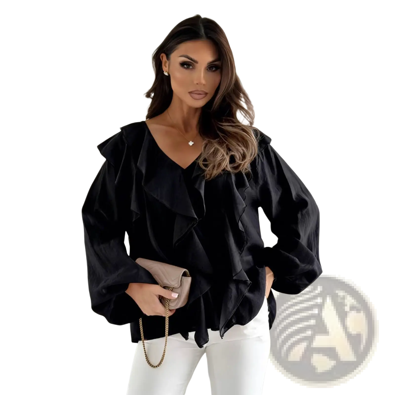 Black ruffled v-neck blouse featuring voluminous puff sleeves perfect for elegant and casual occasions