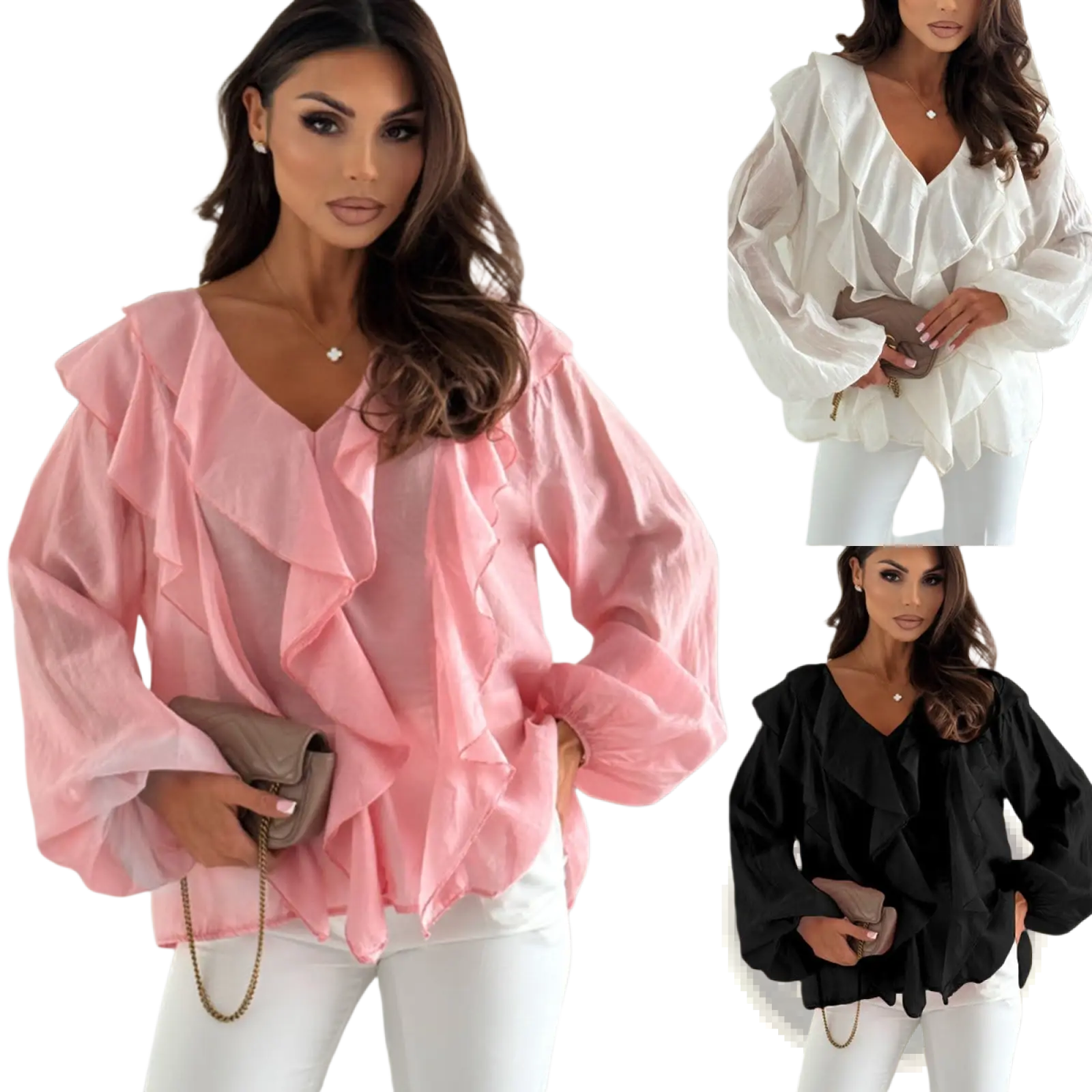 Pink ruffled v-neck puff sleeve blouse with long sleeves made of lightweight fabric for elegant casual wear