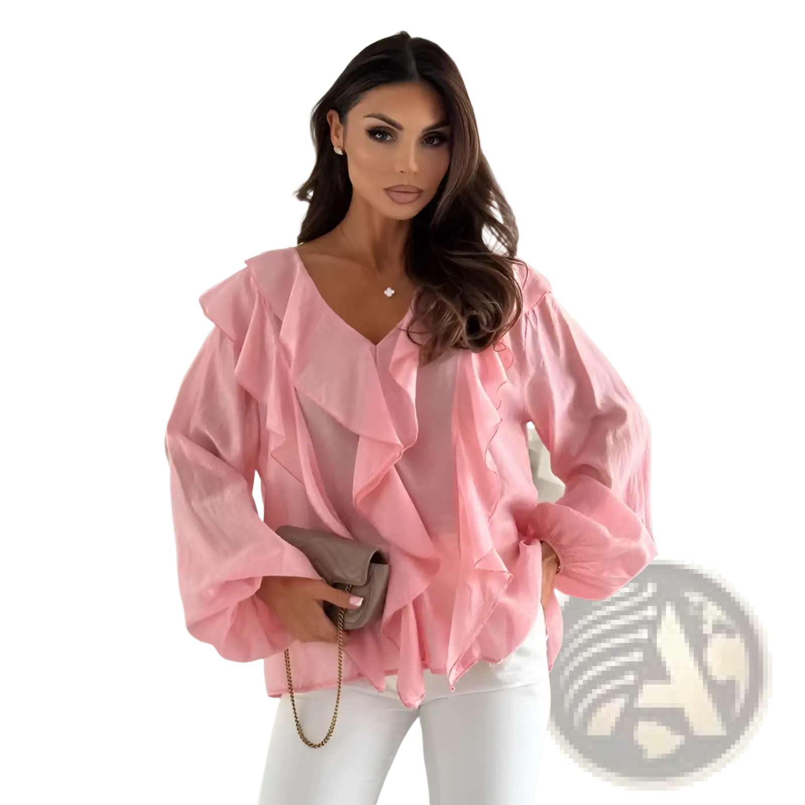 A soft pink ruffled v-neck blouse with voluminous puff sleeves made of lightweight fabric for elegant wear