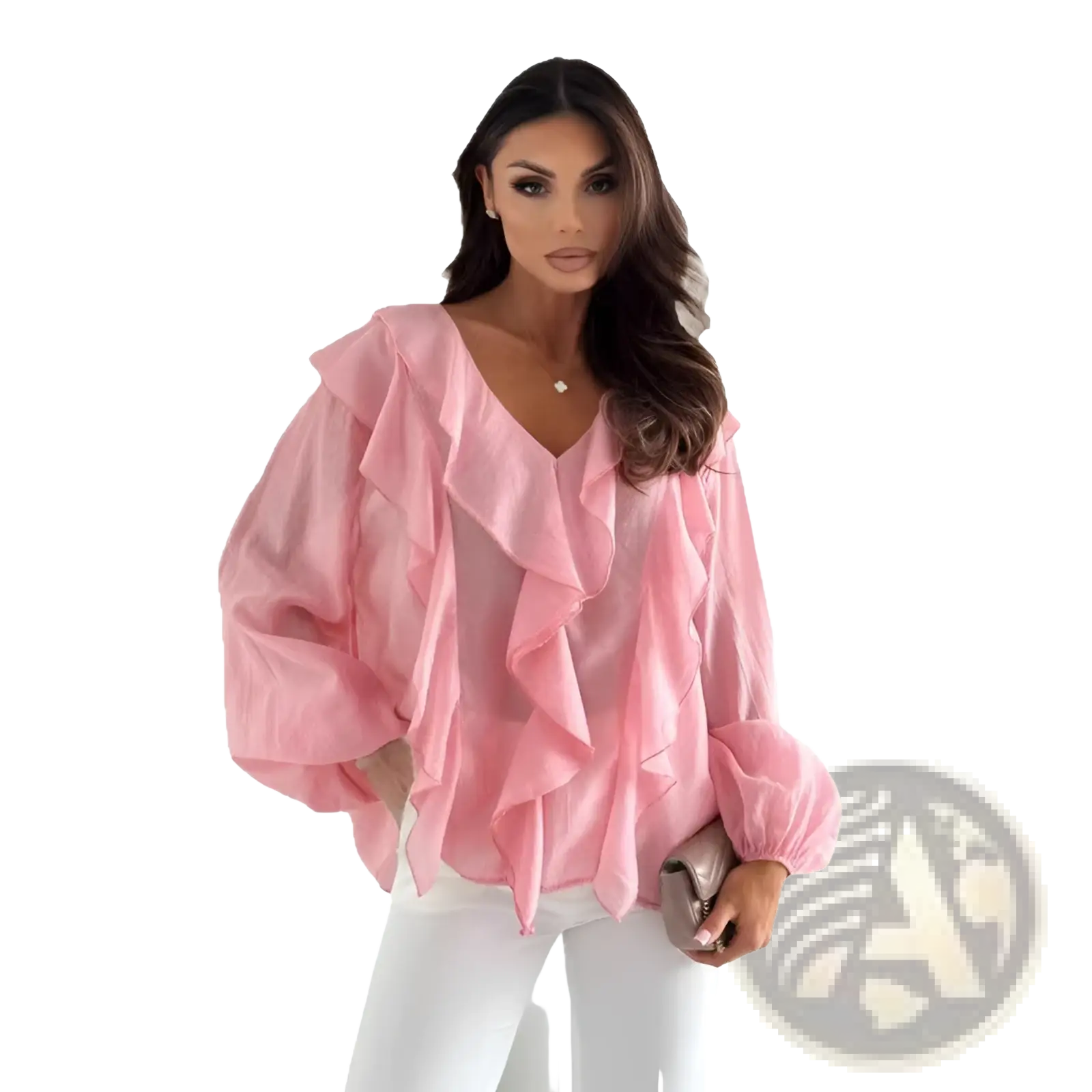 A soft pink sheer ruffled v-neck puff sleeve blouse featuring voluminous sleeves in lightweight fabric