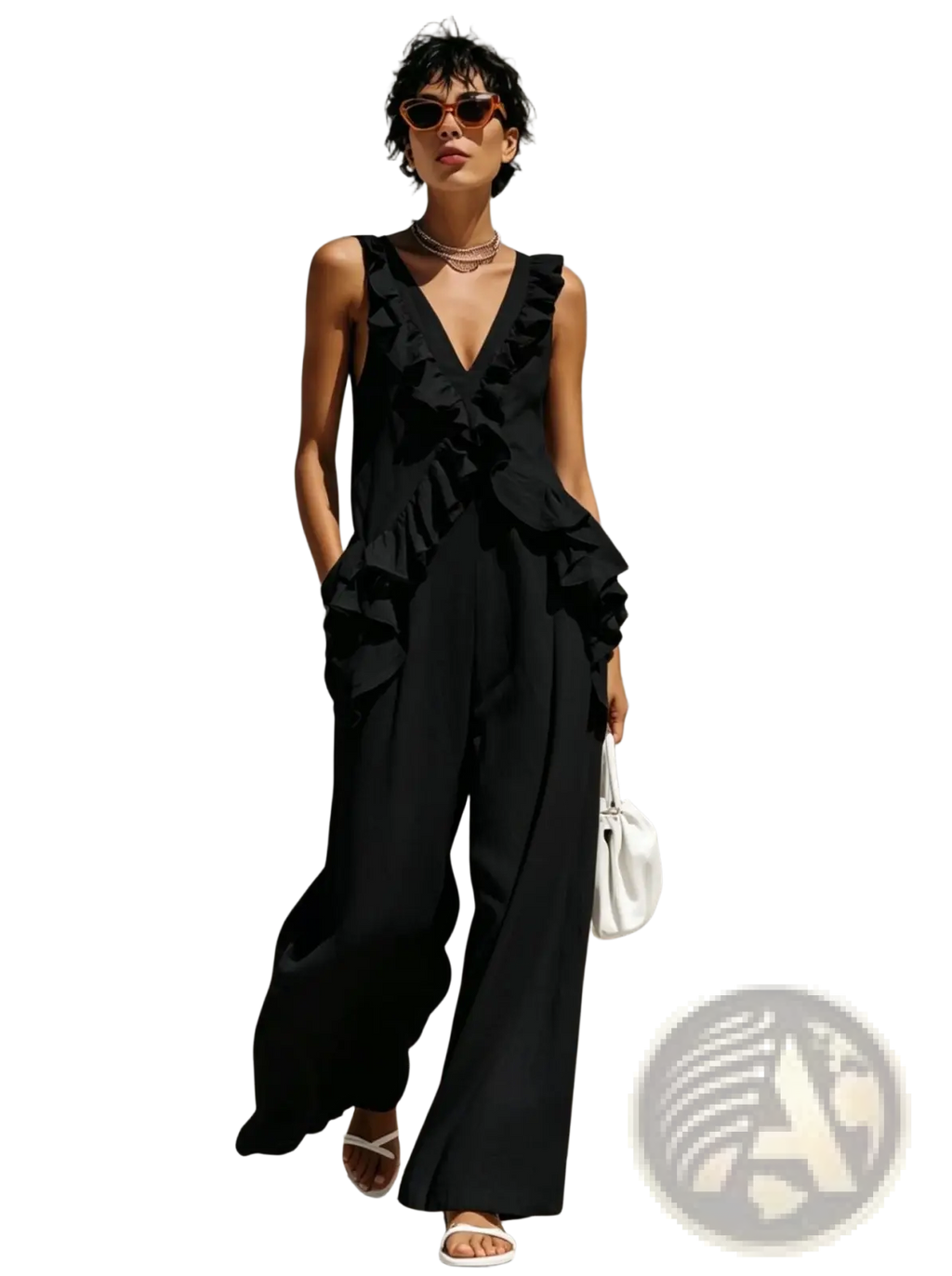 Black ruffled sleeveless jumpsuit with deep v-neckline and flowing wide-leg pants for resort wear