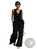 Black ruffled sleeveless jumpsuit with deep v-neckline and flowing wide-leg pants for resort wear