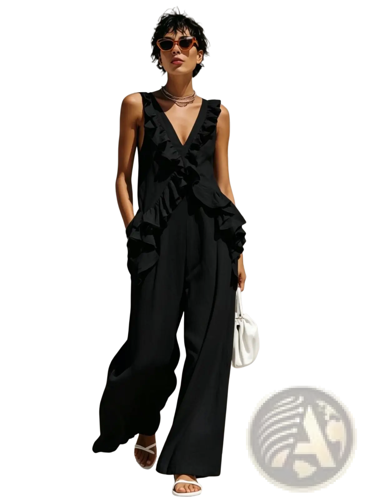 Black ruffled sleeveless jumpsuit with deep v-neckline and flowing wide-leg pants for resort wear
