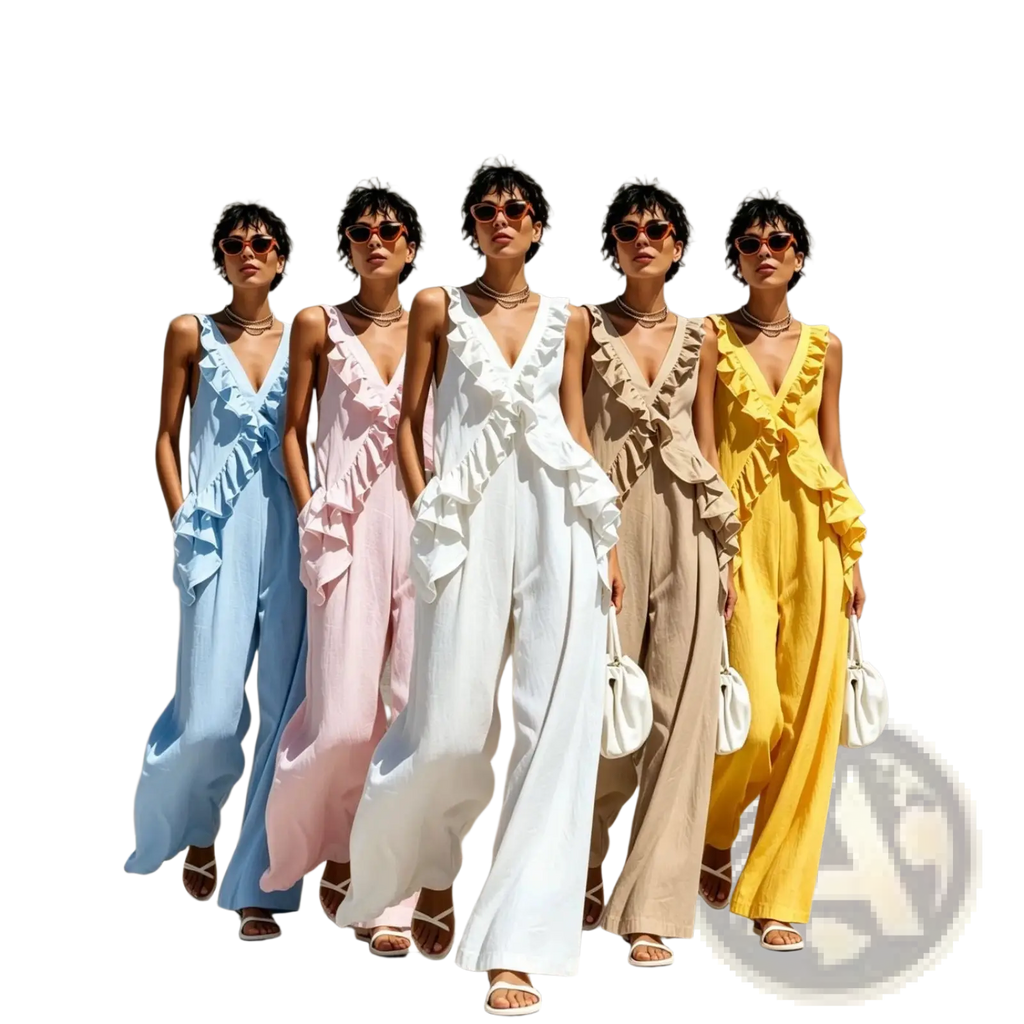 Five women wear ruffled v-neck resort jumpsuits in blue pink white beige and yellow against a textured stone wall