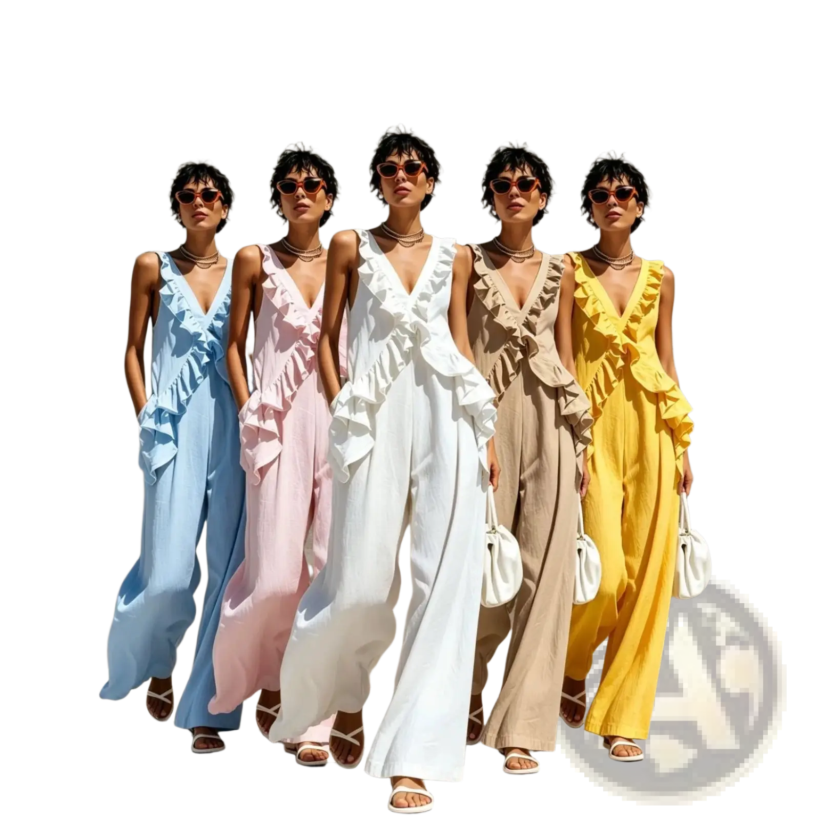 Five women wear ruffled v-neck resort jumpsuits in blue pink white beige and yellow against a textured stone wall