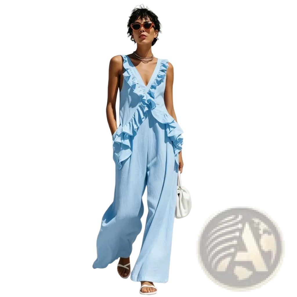 Light blue ruffled v-neck sleeveless jumpsuit with wide-leg pants made from lightweight fabric for resort wear