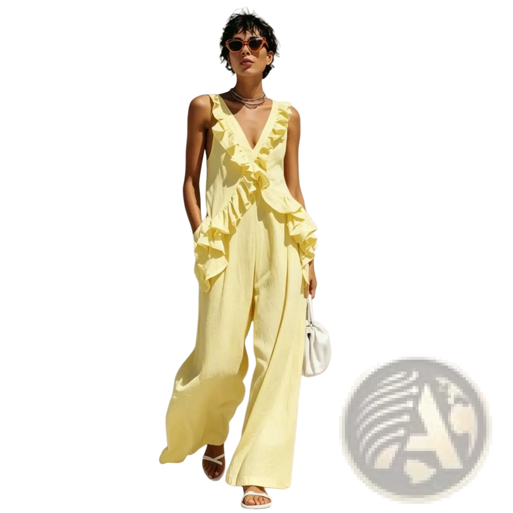 A flowing pale yellow ruffled v-neck resort jumpsuit with wide-leg pants made from lightweight fabric
