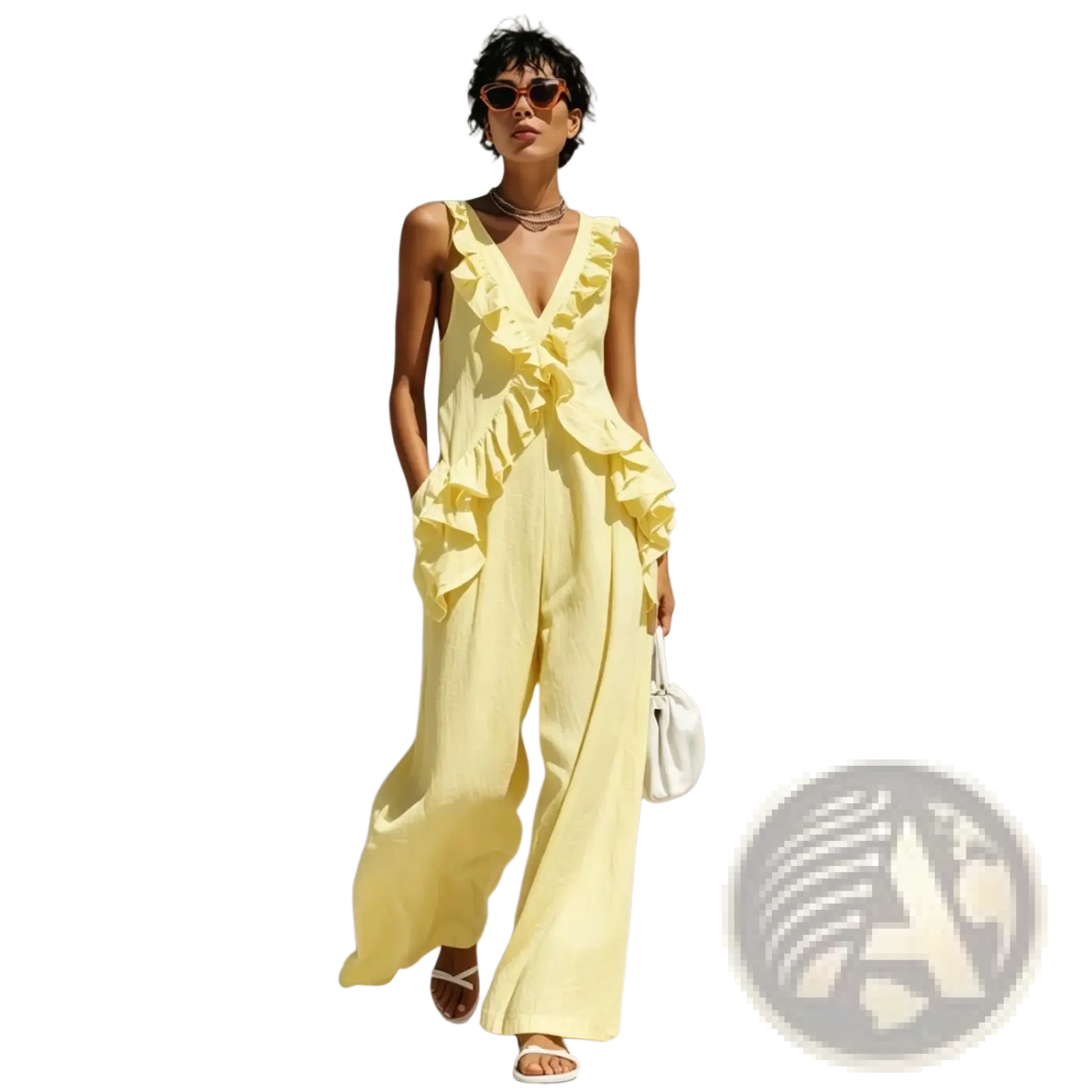 A flowing pale yellow ruffled v-neck resort jumpsuit with wide-leg pants made from lightweight fabric