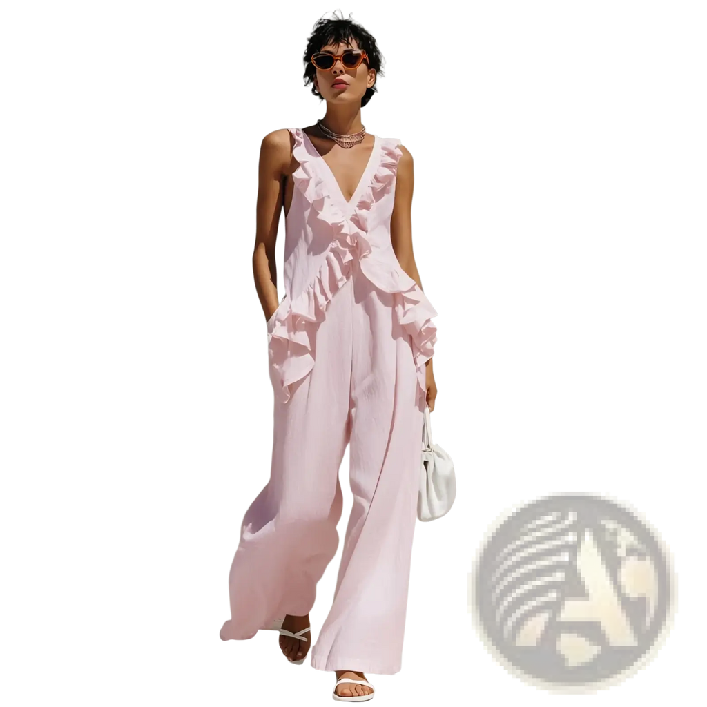 A soft pink ruffled v-neck resort jumpsuit with flowing wide-leg pants designed for elegant comfort
