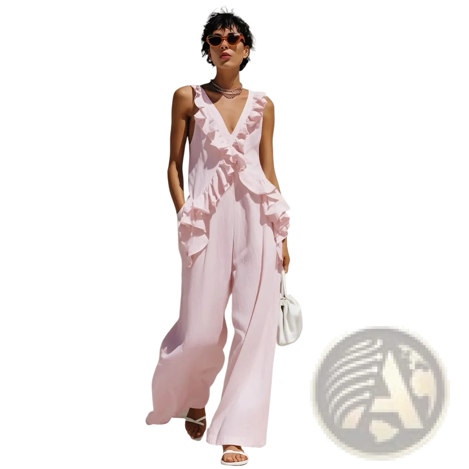 A soft pink ruffled v-neck resort jumpsuit with flowing wide-leg pants designed for elegant comfort