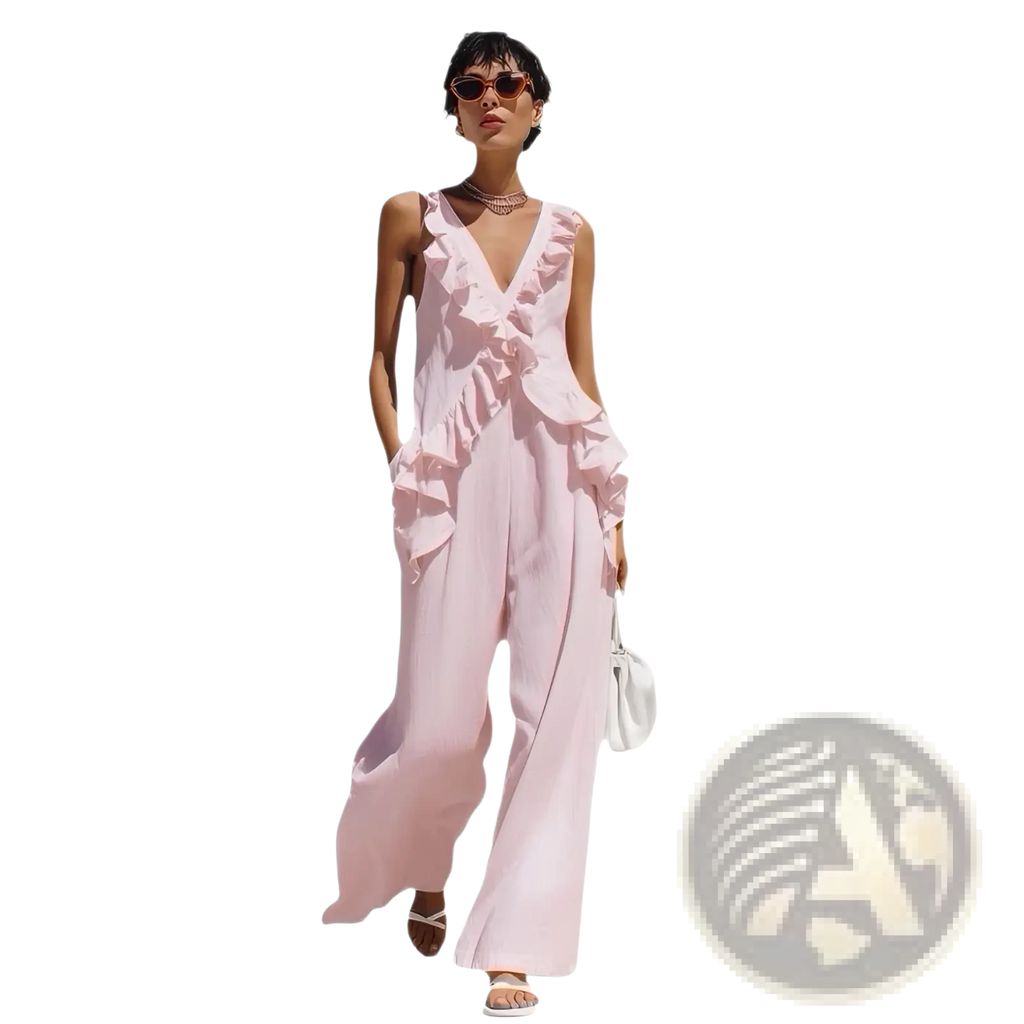 A soft pink sleeveless ruffled v-neck resort jumpsuit with flowing detailing along the neckline and sides