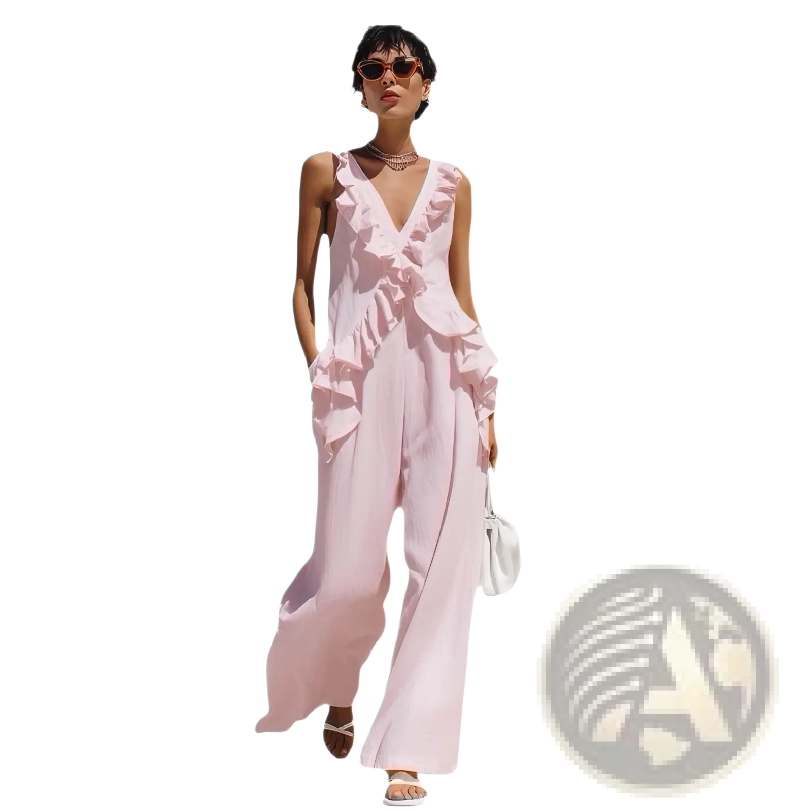 A soft pink sleeveless ruffled v-neck resort jumpsuit with flowing detailing along the neckline and sides