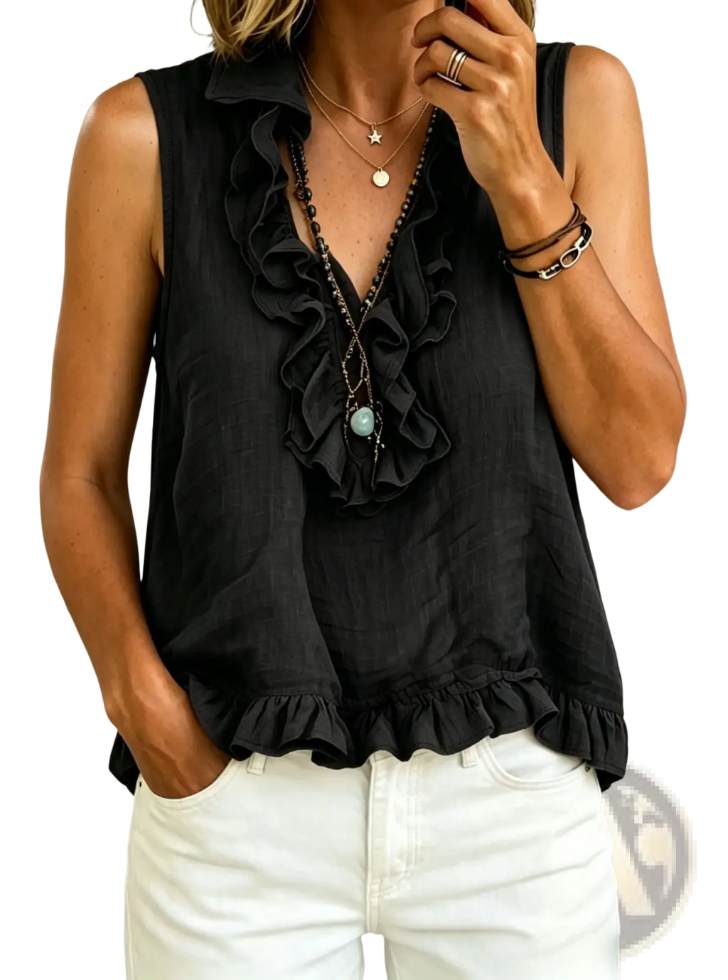 Black sleeveless ruffled v-neck tank top made of lightweight fabric featuring ruffled neckline and hem