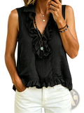 Black sleeveless ruffled v-neck tank top made of lightweight fabric featuring ruffled neckline and hem