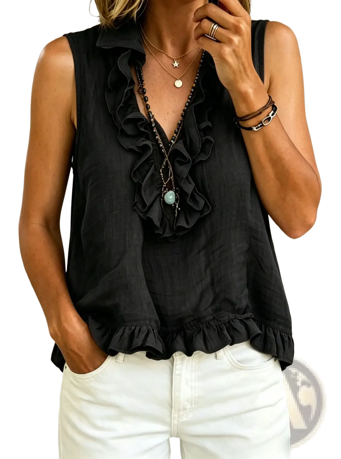 Black sleeveless ruffled v-neck tank top made of lightweight fabric featuring ruffled neckline and hem