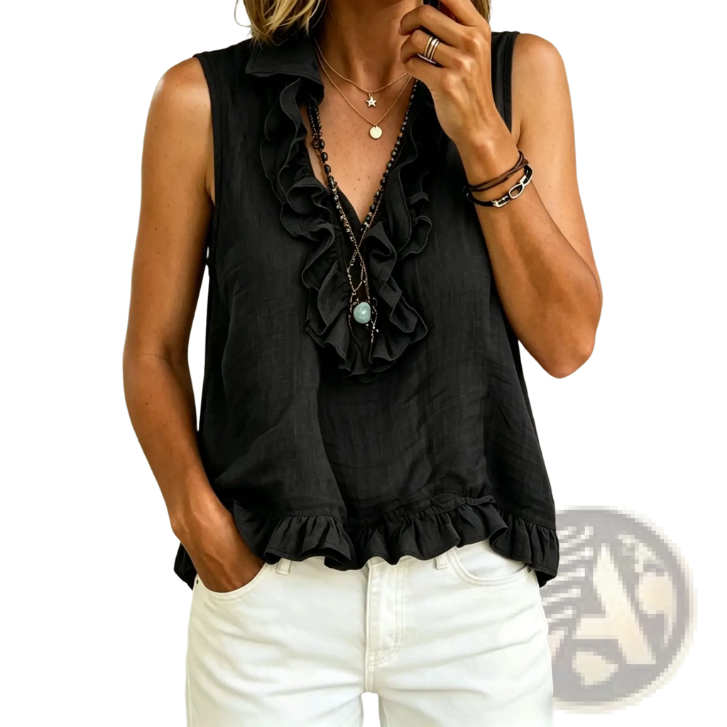 Black ruffled v-neck tank top with sleeveless design and lightweight fabric featuring ruffled neckline and hem