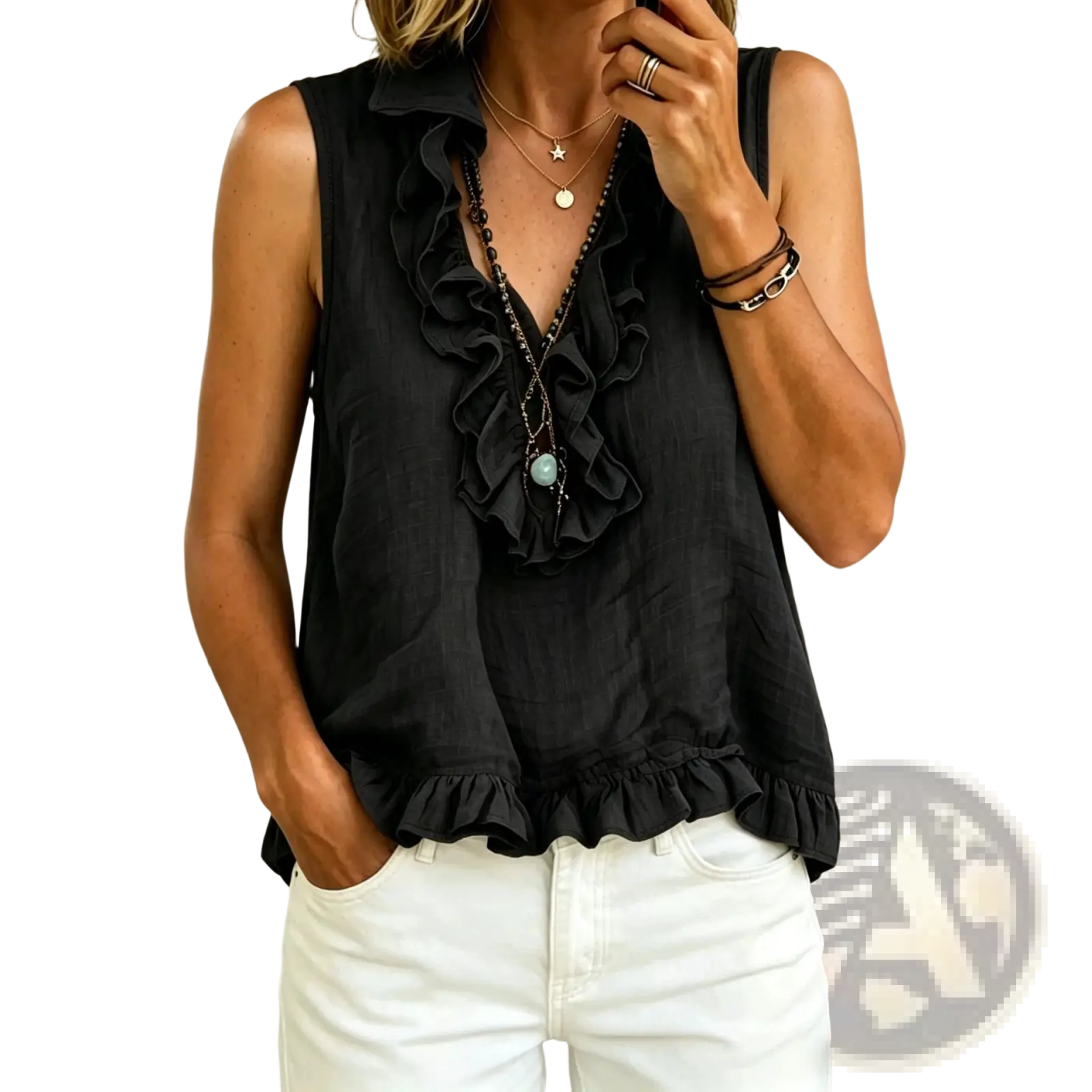 Black ruffled v-neck tank top with sleeveless design and lightweight fabric featuring ruffled neckline and hem